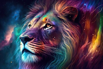 Naklejka premium Majestic lion face blends with the colorful universe. Generative AI