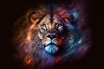 Majestic lion face blends with the colorful universe. Generative AI - obrazy, fototapety, plakaty