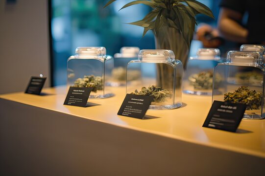 Store displaying various cannabis flower samples, medicinal marijuana. Photo generative AI