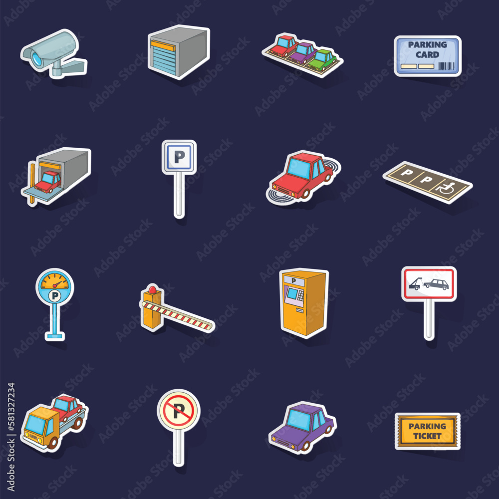 Poster parking items icons set stikers collection vector with shadow on purple background
