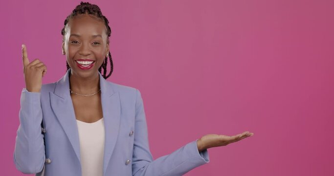 Portrait, advertising and a business black woman pointing to blank mockup space for product placement. Marketing, branding and promotion with a female employee in studio on a mock up pink background
