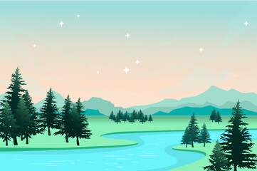 Fototapeta na wymiar Nature scene with river and hills, forest and mountain, landscape illustration, Countryside landscape concept. flat cartoon style
