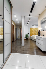 View of the living room and corridor in the modern apartment from the hallway