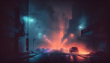 Dark street, night smog and smoke neon light. Dark background of the night city. Generative ai