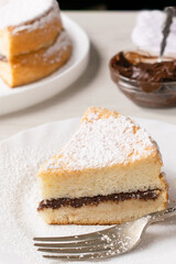 Angel Cake filled with hazelnut spread and garnished with powdered sugar, on a white plate and white background.