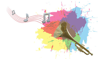 Trumpet and music notes flying with colors splash on white background. 3D illustration.