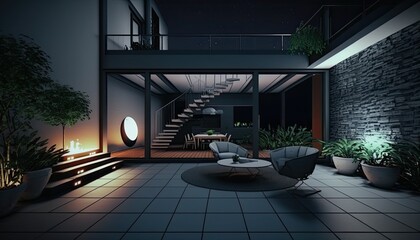 Fototapeta premium Modern terrace at night which is the perfect location for evening wine