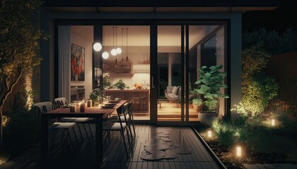 Fototapeta premium Modern terrace at night which is the perfect location for evening wine