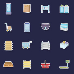 Supermarket icons set stikers collection vector with shadow on purple background