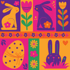 Easter colorful abstract elements tiles set. Modern pattern geometric abstract style. Easter eggs, rabbit, flowers. Vector illustration. Minimal hand drawn style flat poster, cover, postcard