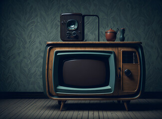 Retro television set from the 1950s, showcased in an old-fashioned vintage living room - Generative AI