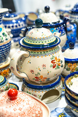 Close-up of handmade pottery produced in Boleslawiec, Poland