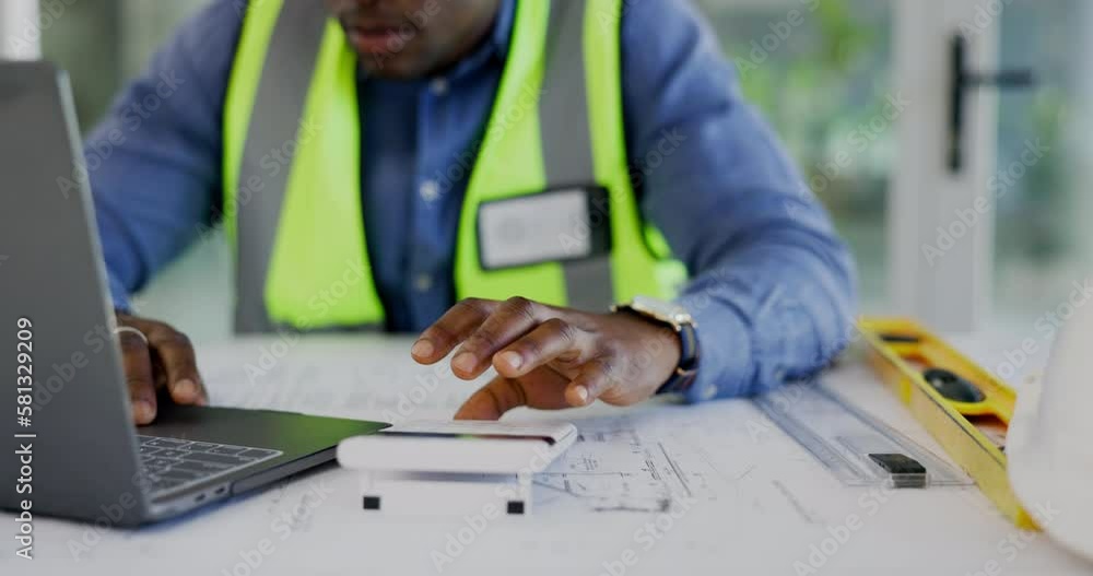 Poster Architecture, laptop and calculator of man hand blueprint with ratio check, numbers and project development design. Planning of black person, contractor or worker for floor plan strategy on computer