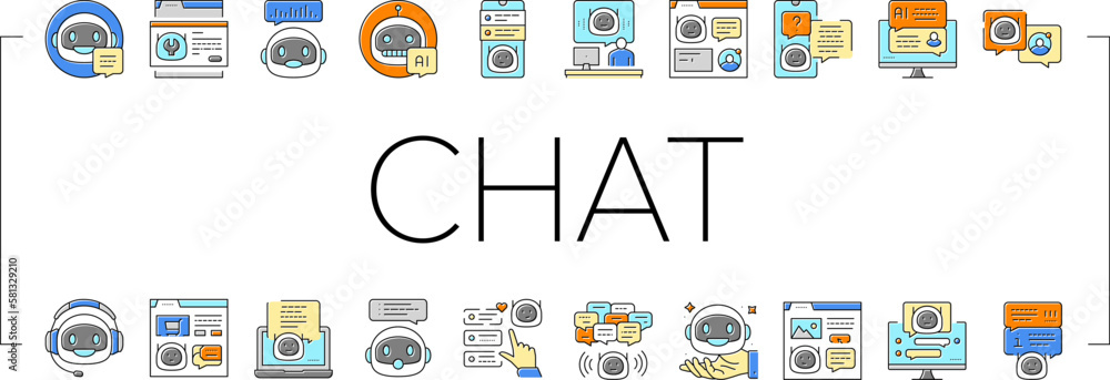 Poster chat bot robot service online icons set vector