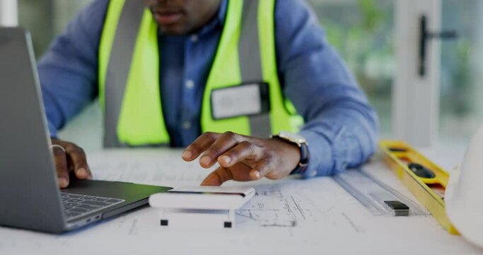 Architecture, laptop and calculator of man hand blueprint with ratio check, numbers and project development design. Planning of black person, contractor or worker for floor plan strategy on computer