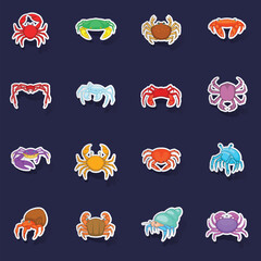 Colorful crab icons set stikers collection vector with shadow on purple background