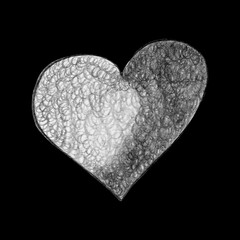 Black and White Heart Drawn by Pencil. The Sign of World Heart Day. Symbol of Valentines Day. Heart Shape Isolated on Black Background.