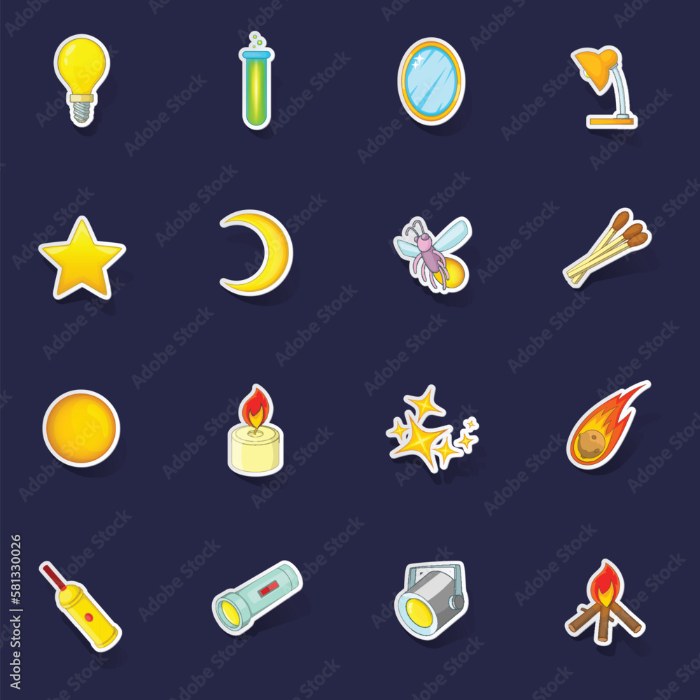 Poster sources of light icons set stikers collection vector with shadow on purple background