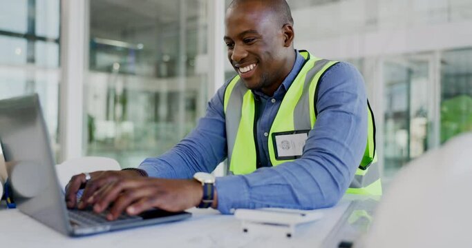 Typing architect, laptop and happy black man planning infrastructure design, floor plan or property blueprint. Architecture engineering, project development and person work on construction schematic