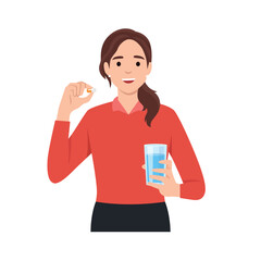 Young caucasian woman taking pills. Healthy woman holding pills and glass of water in hands. Happy smiling woman taking pills. Healthy lifestyle concept.