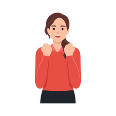 Naklejka na ściany i meble Trendy girl showing success gesture with raised hand fist. Young woman celebrating victory symbol with arms. Female character illustration design