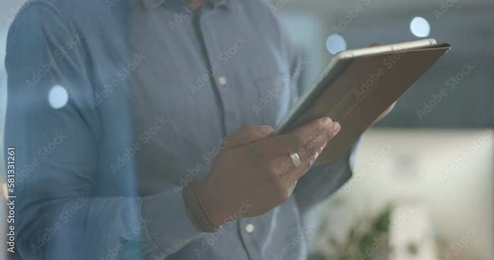 Poster tablet, business and hands of black man in office for web design ideas, internet and browse website.