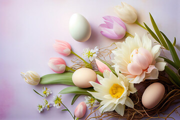 Easter background with copy space. Eggs, flowers, pastel colors illustration top view generative AI, generative, ai