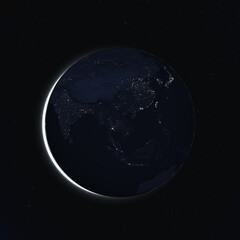 View of Earth planet at night. City Lights of Asia and Australia