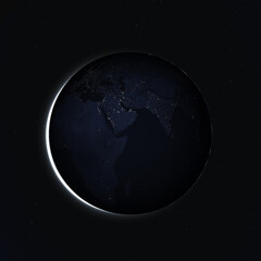 Fototapeta na wymiar View of Earth planet at night. City Lights of Africa, Europe, and the Middle East.