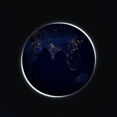 View of Earth planet at night. City lights of Asia and Australia with ring light. 