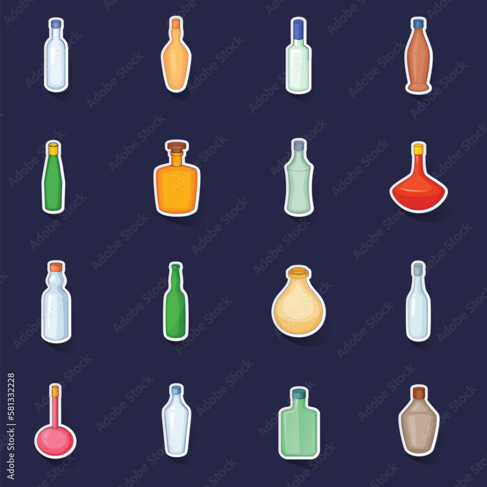 Poster different bottles icons set stikers collection vector with shadow on purple background