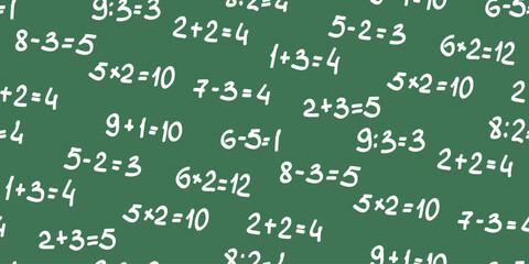 Solve examples. Seamless background of randomly placed different mathematical examples. Adding, subtraction, multiplying and dividing. School template, mathematics poster on green. Vector illustration