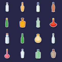 Different bottles icons set stikers collection vector with shadow on purple background