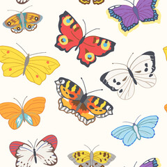 Obraz na płótnie Canvas Seamless pattern of flying butterflies in red, yellow, white, orange and other colors. Vector illustration in vintage style on a white background.