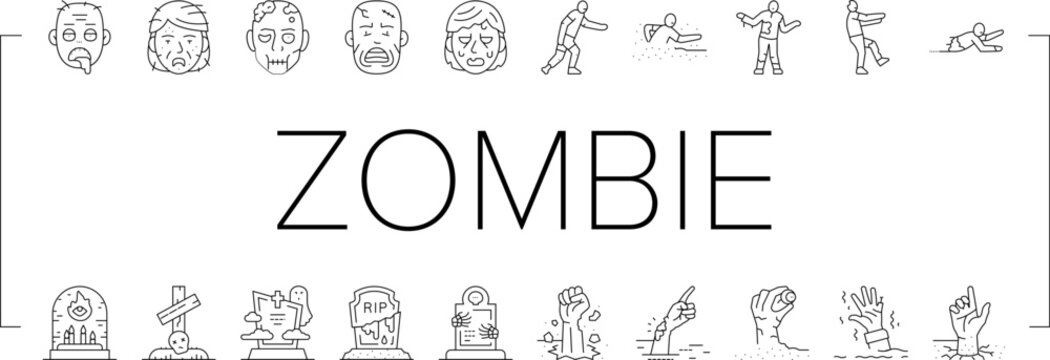 zombie horror scary dead evil icons set vector