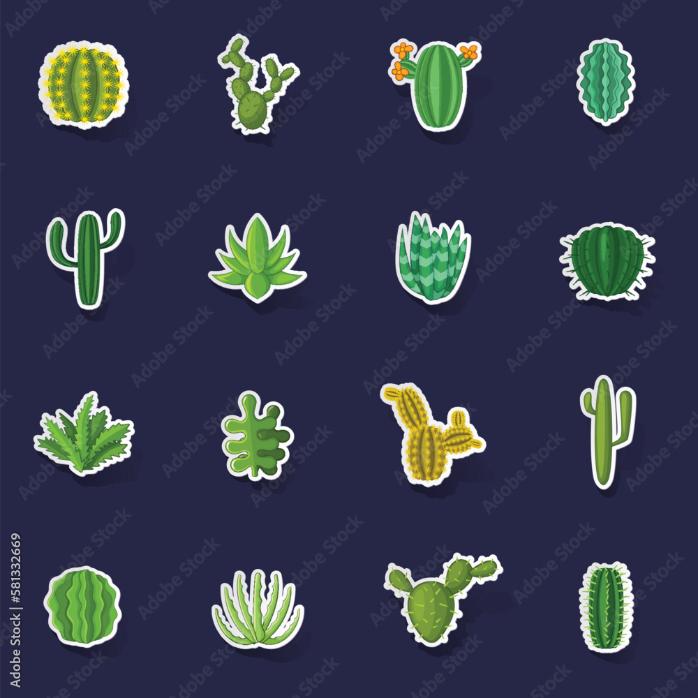 Poster green cactuses icons set stikers collection vector with shadow on purple background