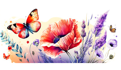 Watercolor summer plants and flowers banner. Generated AI