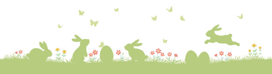 Easter seamless pattern with bunnies and Easter eggs. easter horizontal background with bunnies, flowers, butterflies and easter eggs .