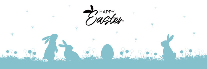 Obraz premium Happy Easter banner. Easter seamless pattern with bunnies and eggs. easter horizontal background with bunnies, dandelion, flowers and eggs .