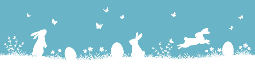 Easter seamless pattern with bunnies and Easter eggs. easter horizontal background with bunnies, flowers, butterflies and easter eggs .