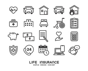 保険に関するアイコンのベクターイラスト素材／ケガ／入院／車／マイホーム
