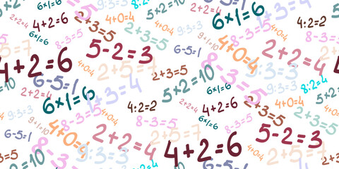 Solve examples. Seamless background of randomly placed different mathematical examples. Adding, subtraction, multiplying and dividing. Color school template, mathematics poster. Vector illustration