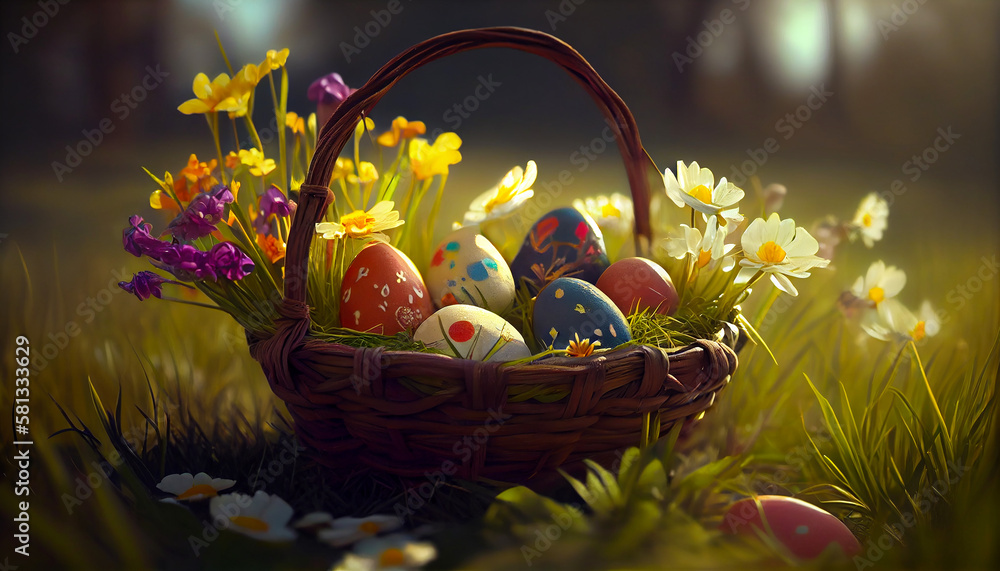 Wall mural Happy Easter Day Concept. Easter eggs in basket on green grass garden and sunny spring, template banner for website, AI Generative