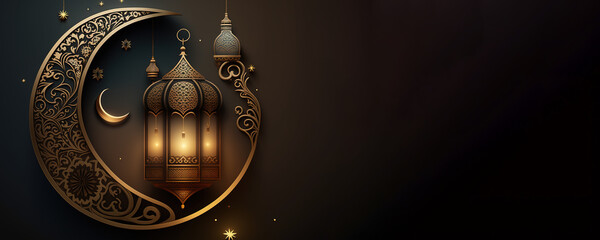Arabic lantern Ramadan concept, copy space background. Generative AI