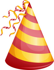 flat cartoon design illustration of colored hat for birthday party. vector - illustration. red and yellow birthday hats with shiny ribbons isolated on white background. Vector cones