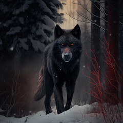 Ultra Realistic: Black Wolf in Hunting Position with Red Eyes, Looking Dangerous in Snowy Tree Environment. AI
