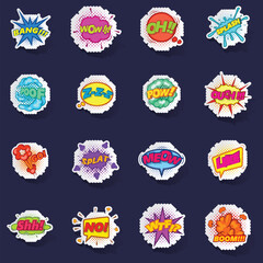 Comic sound cloud icons set stikers collection vector with shadow on purple background