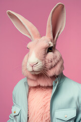 portrait of a pink rabbit wearing clothes