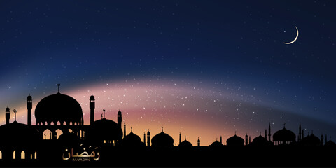 Obraz premium Ramadan calligraphy Arabic with Silhouette Dome Mosques,Crescent moon on Dusk sky background, Vector Ramadhan Night with twilight sky. Islamic or Muslims religion the month of Ramadan Kareem