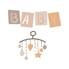 Baby bed hanging toy. Kid mobile carousel, sleeping toddler crib toy isolated illustration. Baby arrival or shower card